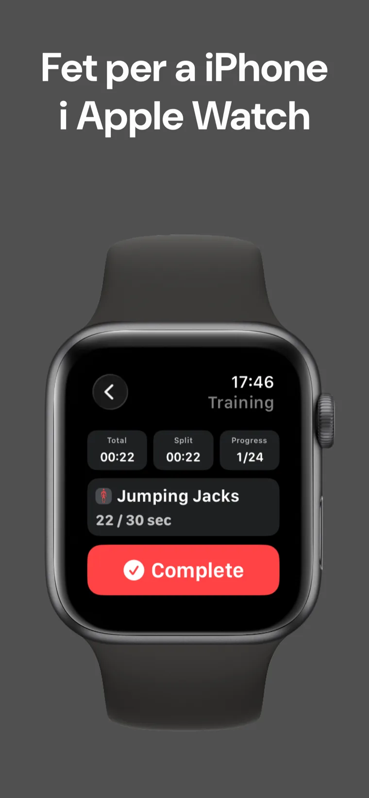 Fet per a iPhone i Apple Watch — Temporitzador Entrenament Casa a mitja sessió a l'Apple Watch mostra el temps total, el temps parcial i el progrés