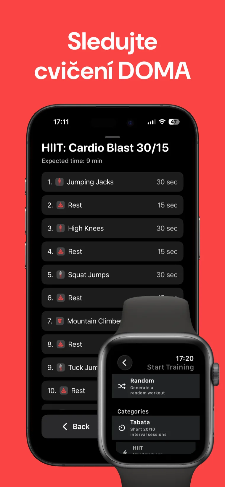 Sledujte cvičení DOMA — Domácí Fitness Časovač zobrazuje seznam intervalů HIIT Cardio Blast 30/15 na iPhonu s výběrem tréninku na Apple Watch