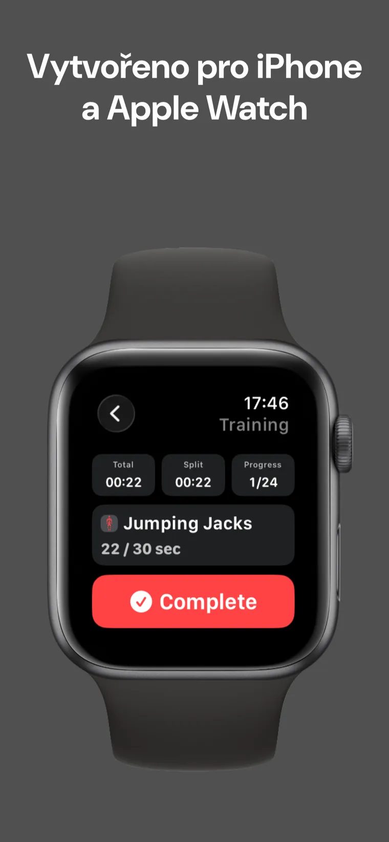 Vytvořeno pro iPhone a Apple Watch — Domácí Fitness Časovač uprostřed tréninku na Apple Watch zobrazuje celkový čas, mezičas a postup