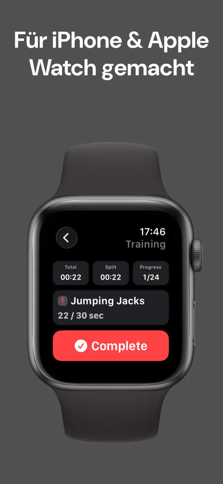Für iPhone & Apple Watch gemacht — Workout Timer mitten im Training auf der Apple Watch mit Gesamtzeit, Zwischenzeit und Fortschritt