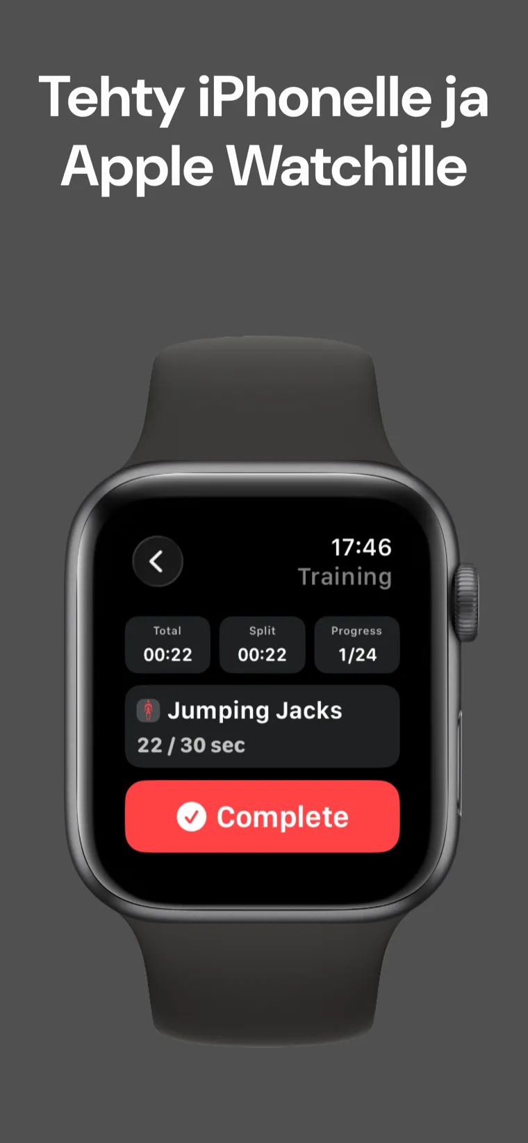 Tehty iPhonelle ja Apple Watchille — Kotitreeni Ajastin kesken treenin Apple Watchilla näyttäen kokonaisajan, väliajan ja edistymisen.