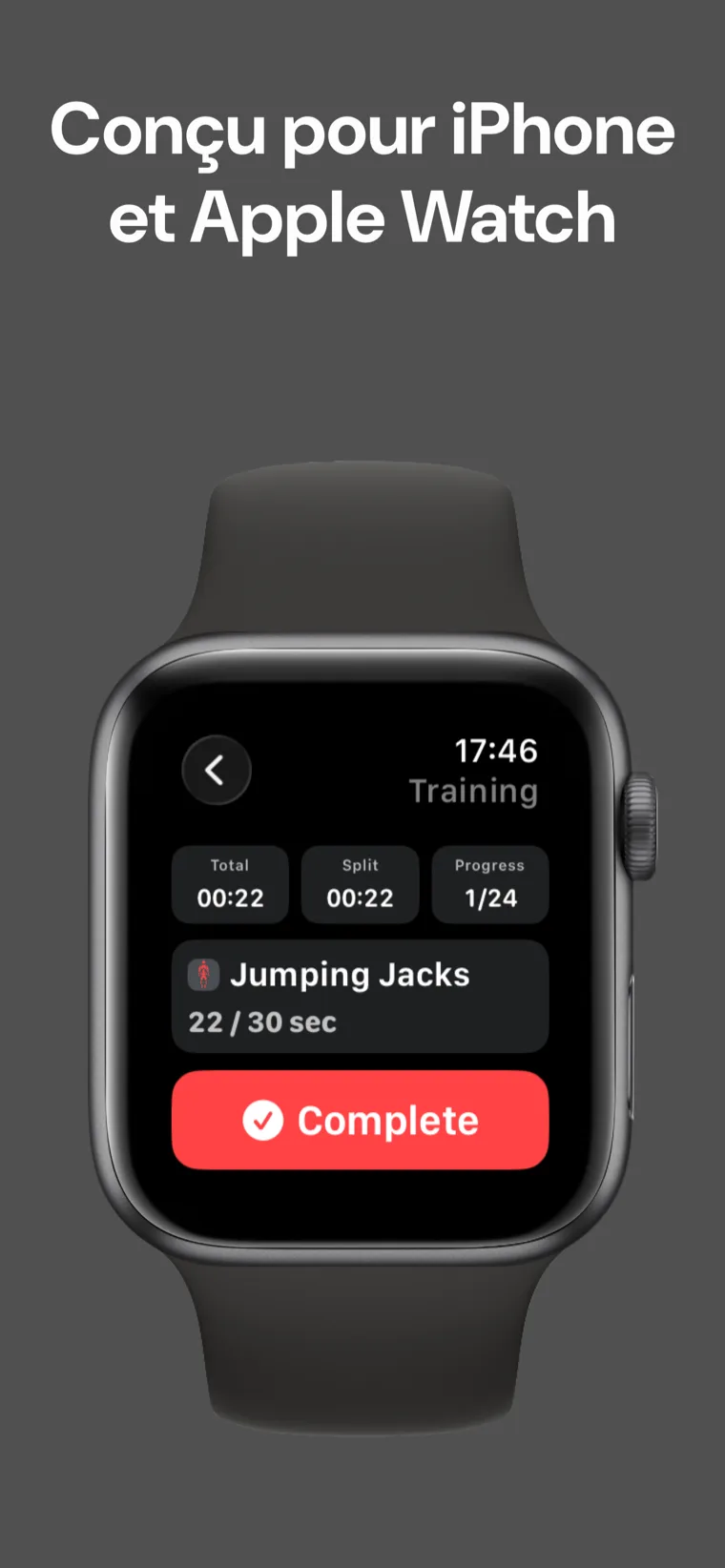 Conçu pour iPhone et Apple Watch — Minuteur Entraînement Maison en cours de séance sur Apple Watch affichant le temps total, le temps intermédiaire et la progression