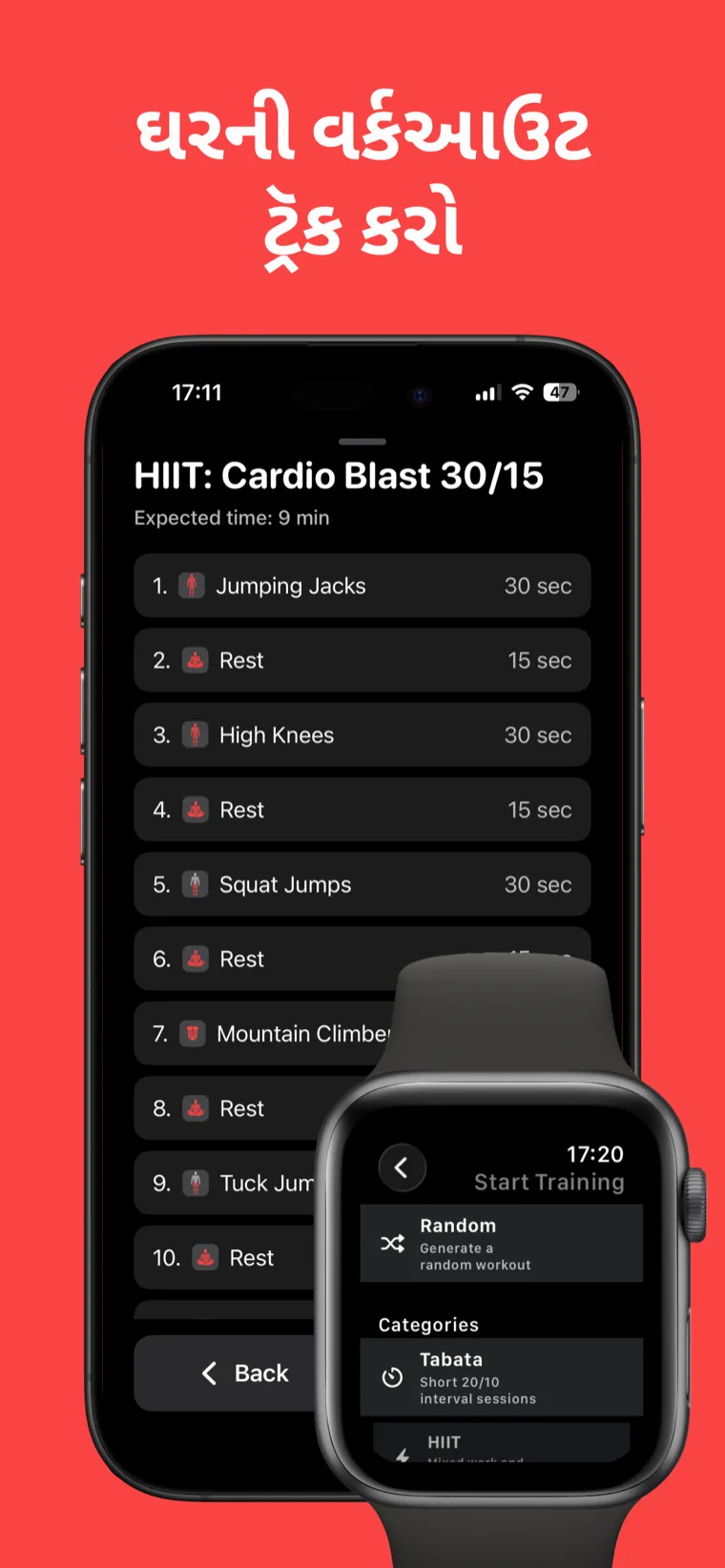 ઘરની વર્કઆઉટ ટ્રૅક કરો — iPhone પર HIIT કાર્ડિઓ બ્લાસ્ટ 30/15 ઈન્ટરવલ લિસ્ટ બતાવતો વર્કઆઉટ ટાઈમર અને Apple Watch ટ્રેનિંગ પીકર