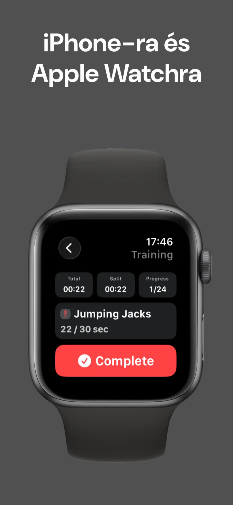 iPhone-ra és Apple Watchra — Az Otthoni Edzés Időmérő edzés közben az Apple Watchon, mutatva a teljes időt, részidőt és a haladást