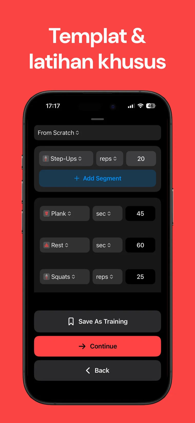 Templat & latihan khusus — Pembuat sesi kustom Timer Olahraga Rumahan dengan step-up, plank, istirahat, dan squat diatur dalam repetisi dan detik