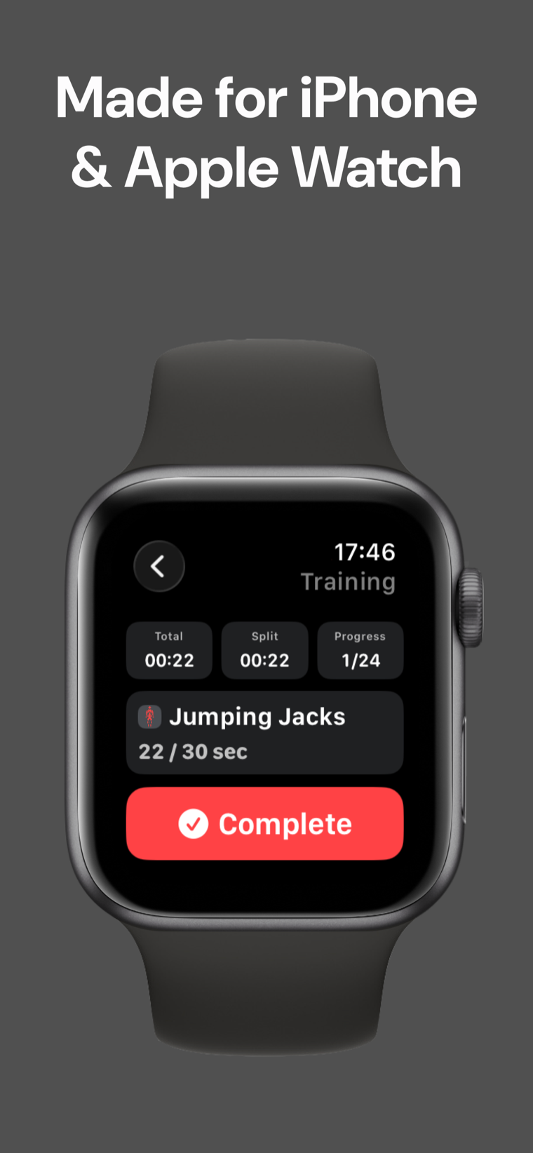 Made for iPhone & Apple Watch — Workout Timer mid-session on Apple Watch showing total time, split time and progress