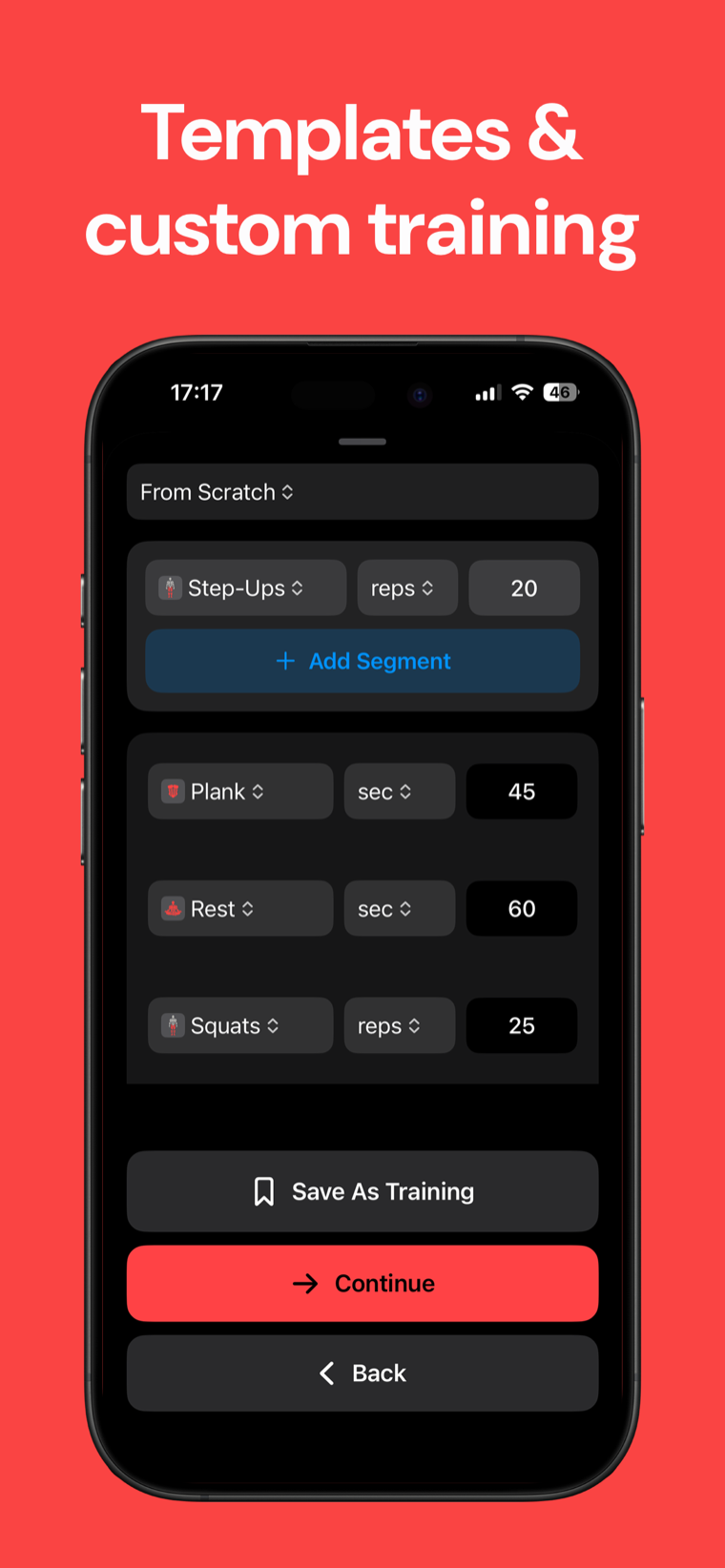 Templates & custom training — Workout Timer custom session builder with step-ups, plank, rest and squats set in reps and seconds