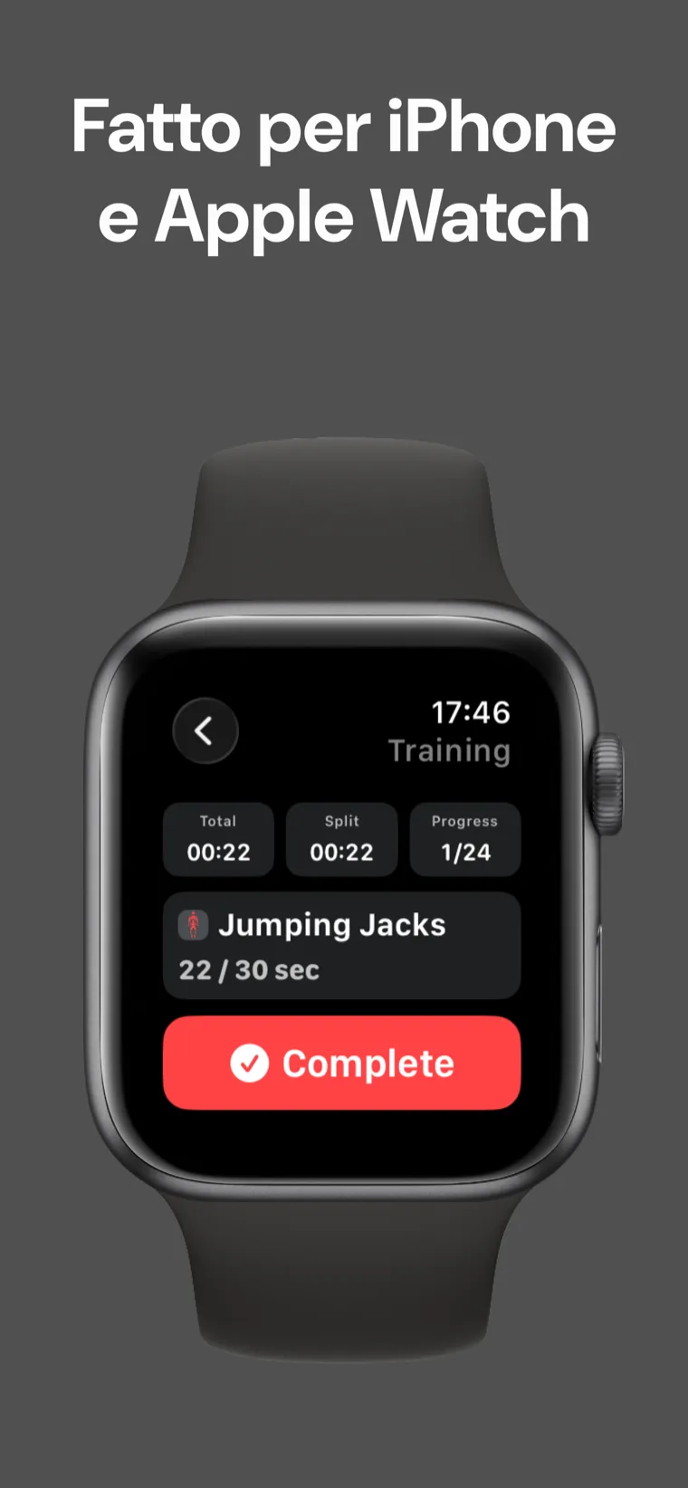 Fatto per iPhone e Apple Watch — Timer Allenamento a metà sessione su Apple Watch che mostra tempo totale, tempo intermedio e progresso