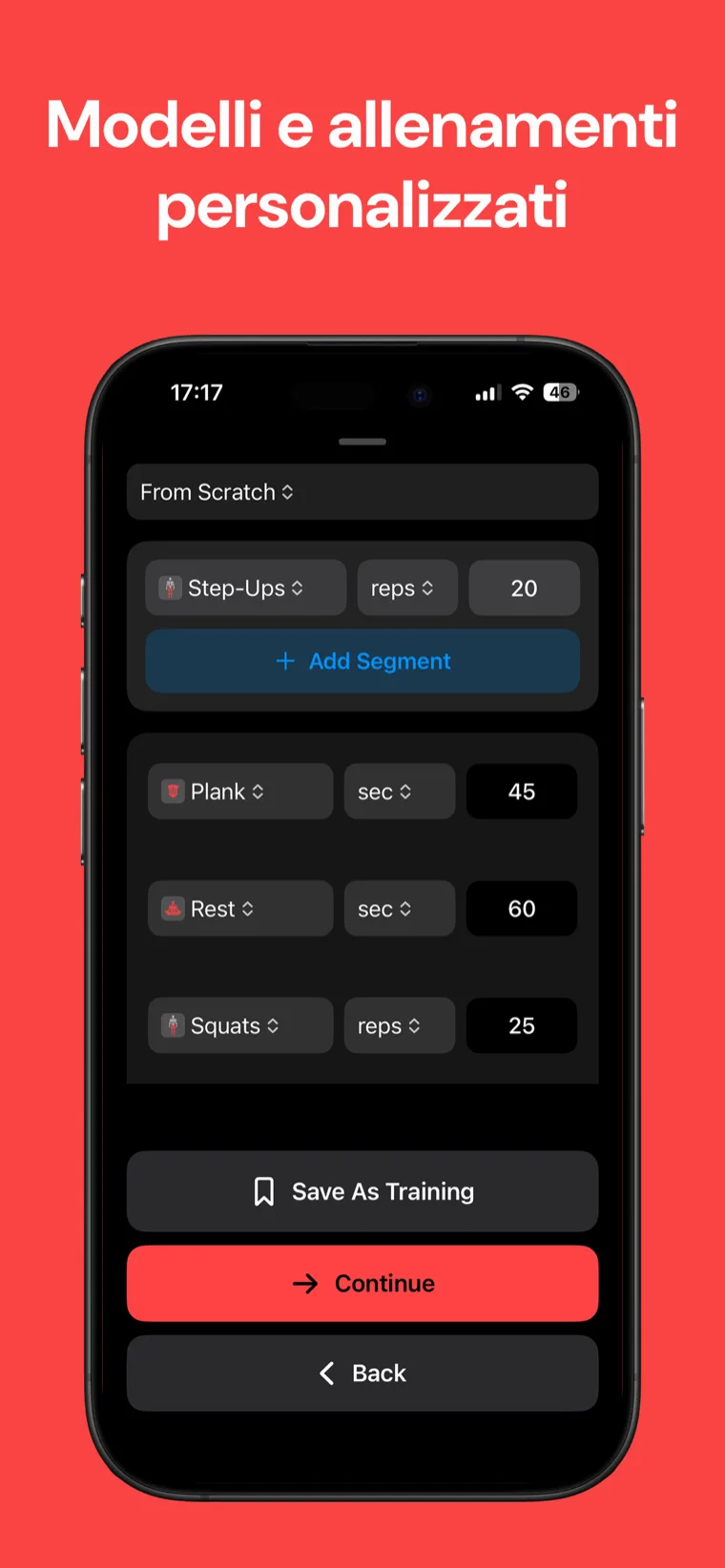 Modelli e allenamenti personalizzati — creatore di sessioni personalizzate di Timer Allenamento con step-up, plank, riposo e squat impostati in ripetizioni e secondi