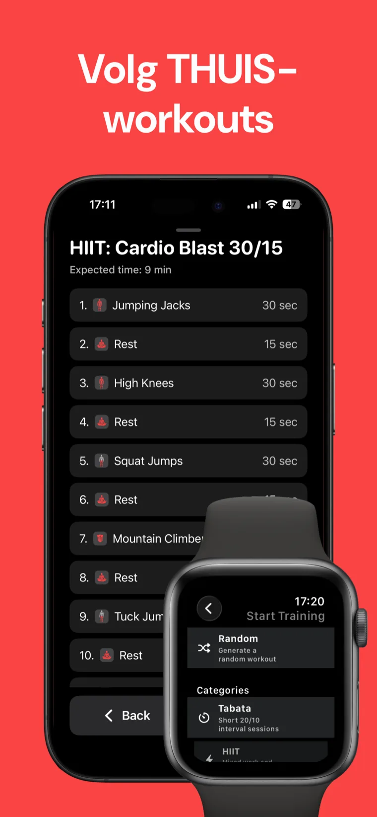 Volg THUIS-workouts — Workout Timer toont een HIIT Cardio Blast 30/15 intervallijst op iPhone met de Apple Watch trainingskiezer