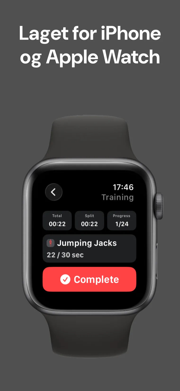 Laget for iPhone og Apple Watch — Hjemme Trenings Timer midt i en økt på Apple Watch som viser total tid, rundetid og fremdrift