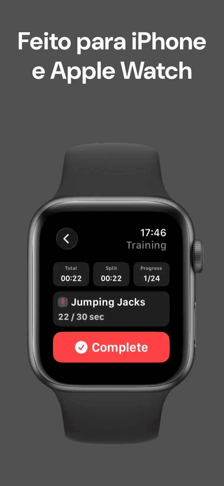 Feito para iPhone e Apple Watch — Timer Treino em Casa no meio de uma sessão no Apple Watch mostrando tempo total, tempo parcial e progresso