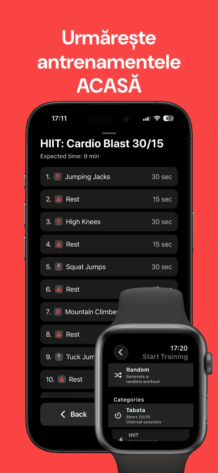 Urmărește antrenamentele ACASĂ — Timer Antrenament Acasă afișează o listă de intervale HIIT Cardio Blast 30/15 pe iPhone, cu selectorul de antrenamente de pe Apple Watch