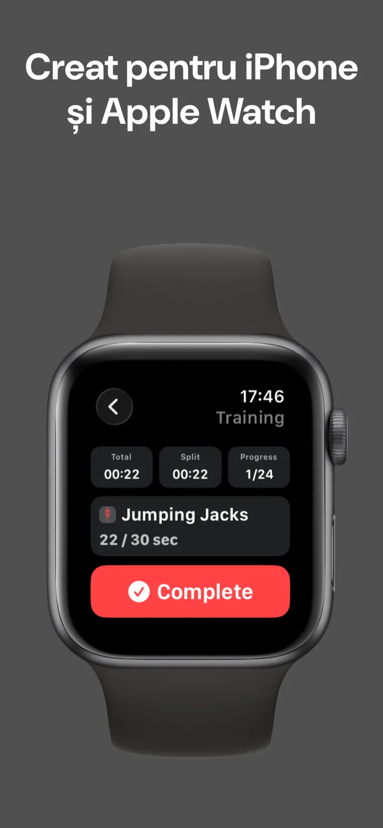 Creat pentru iPhone și Apple Watch — Timer Antrenament Acasă în timpul unei sesiuni pe Apple Watch, afișând timpul total, timpul pe repriză și progresul