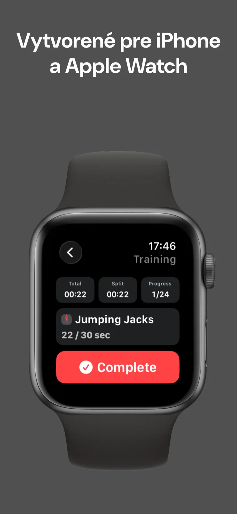 Vytvorené pre iPhone a Apple Watch — Domáci Fitness Časovač uprostred tréningu na Apple Watch zobrazuje celkový čas, medzičas a pokrok