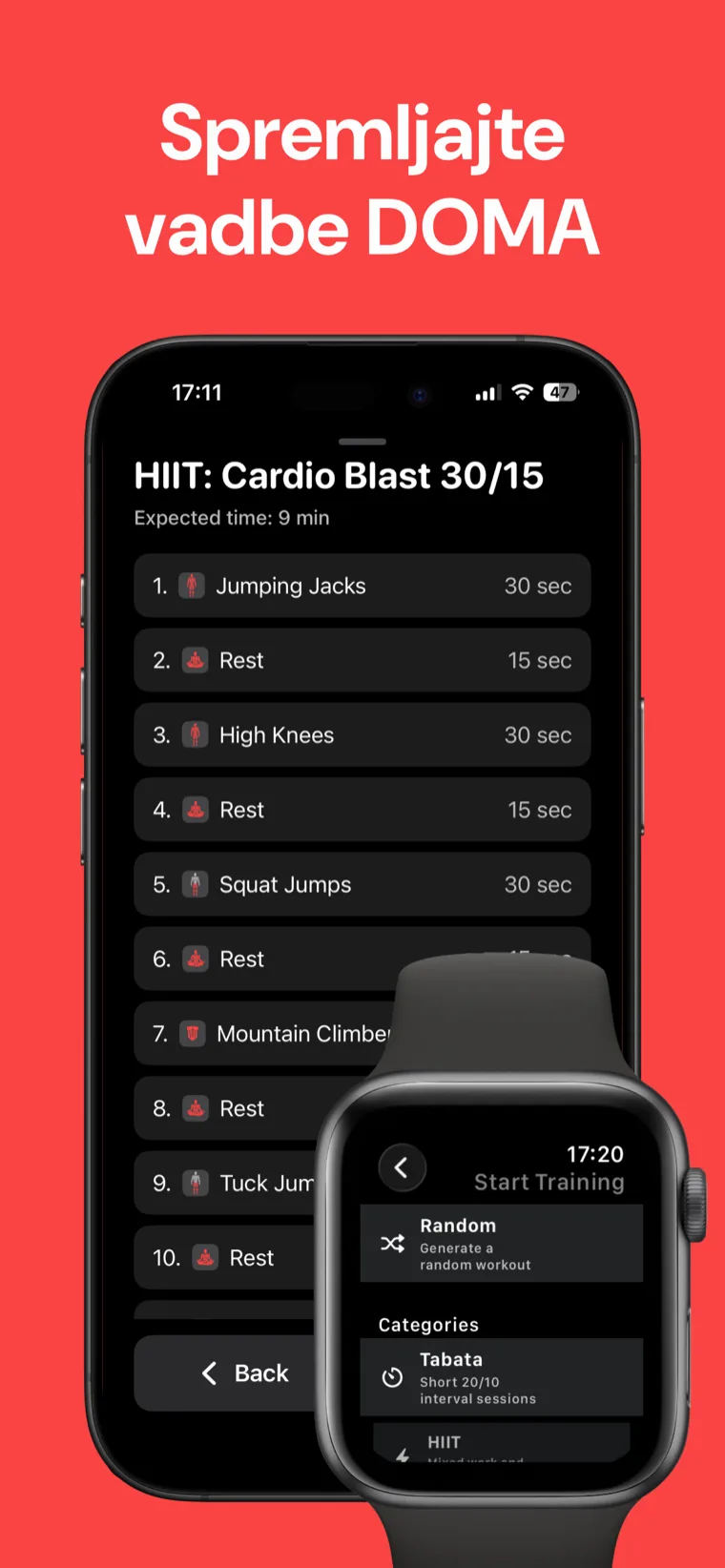 Spremljajte vadbe DOMA — Domači Fitnes Časovnik prikazuje seznam intervalov HIIT Cardio Blast 30/15 na iPhonu z izbirnikom treninga na Apple Watch