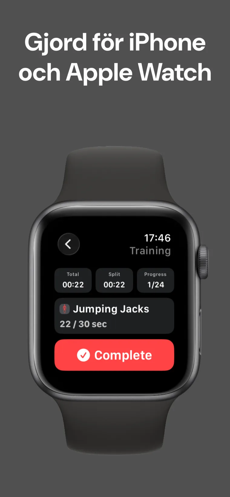 Gjord för iPhone och Apple Watch — Träningstimern mitt i ett pass på Apple Watch visar total tid, deltid och framsteg