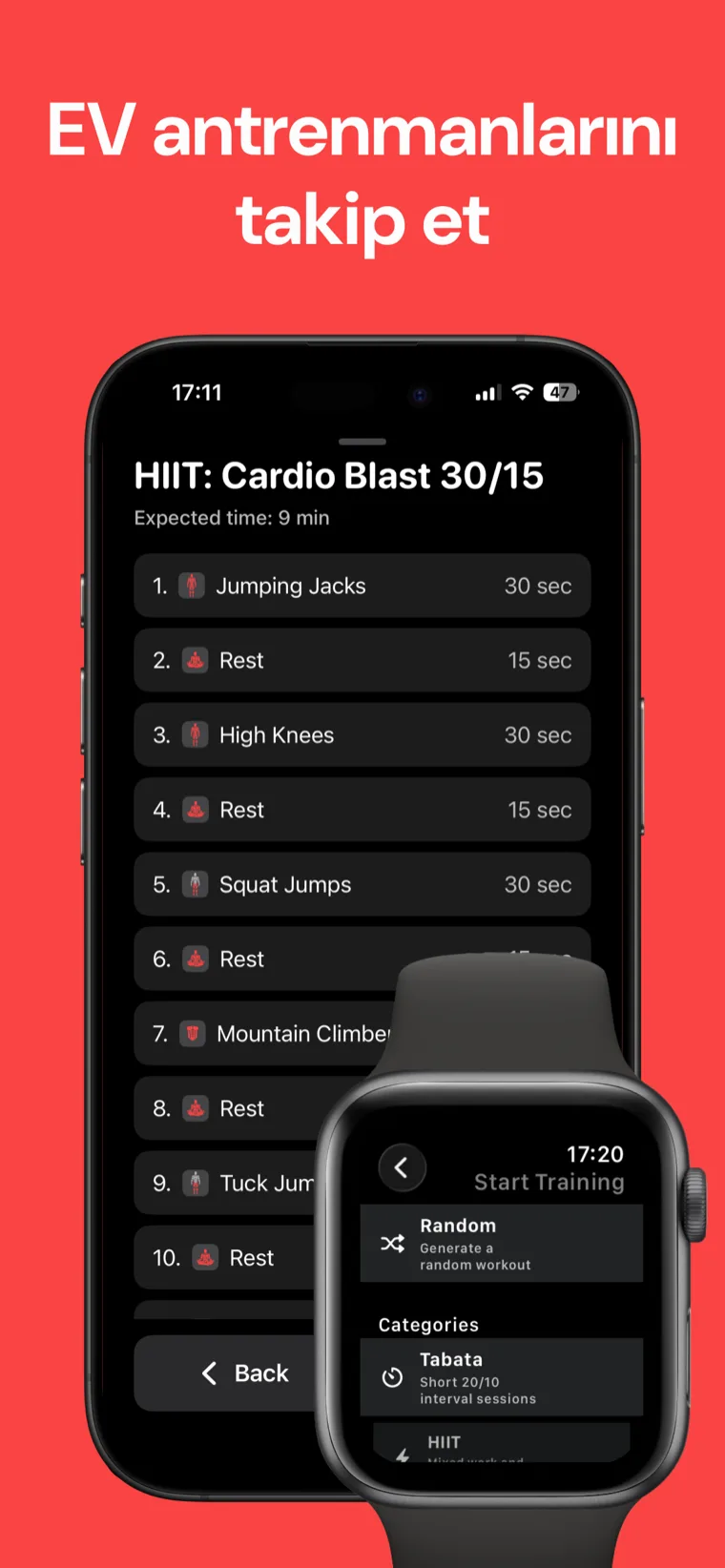 EV antrenmanlarını takip et — Ev Antrenman Zamanlayıcısı, iPhone'da HIIT Cardio Blast 30/15 aralık listesini ve Apple Watch antrenman seçiciyi gösteriyor.