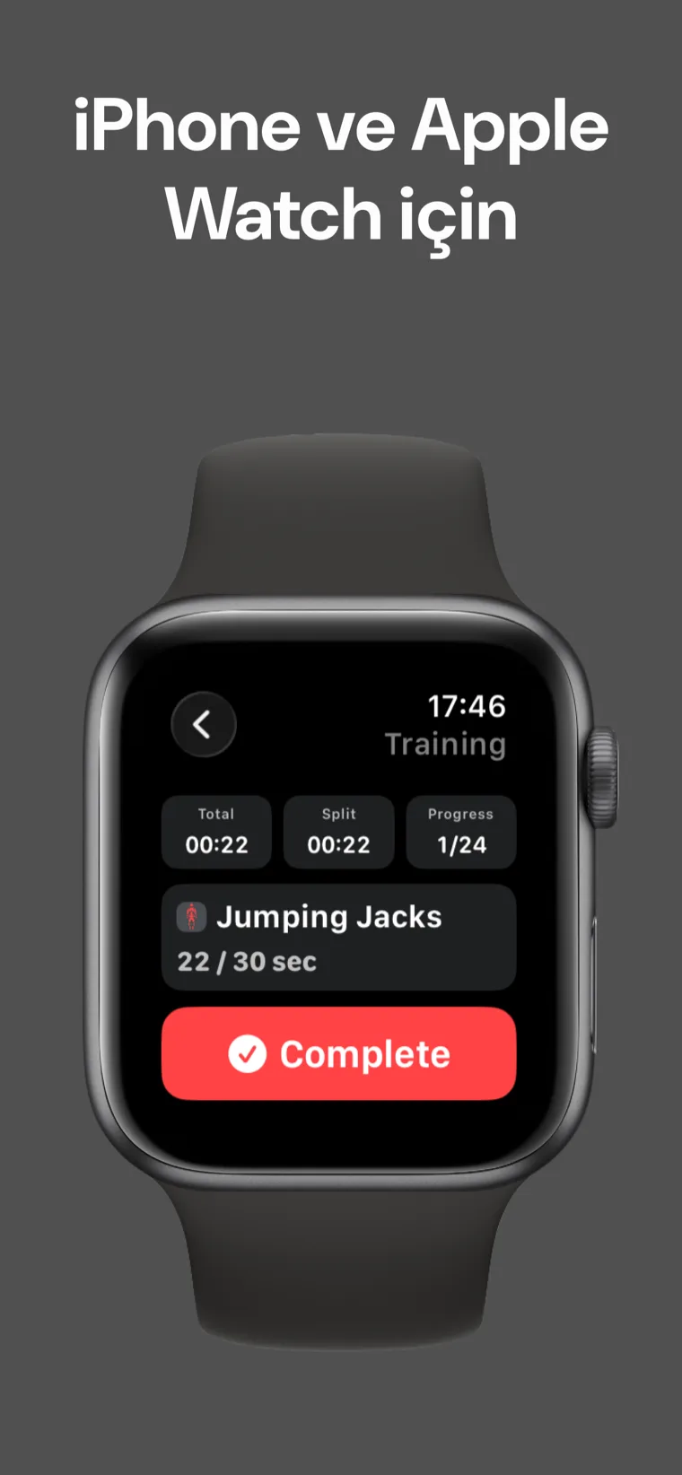 iPhone ve Apple Watch için — Ev Antrenman Zamanlayıcısı Apple Watch'ta seans ortasında toplam süreyi, bölünmüş süreyi ve ilerlemeyi gösteriyor.